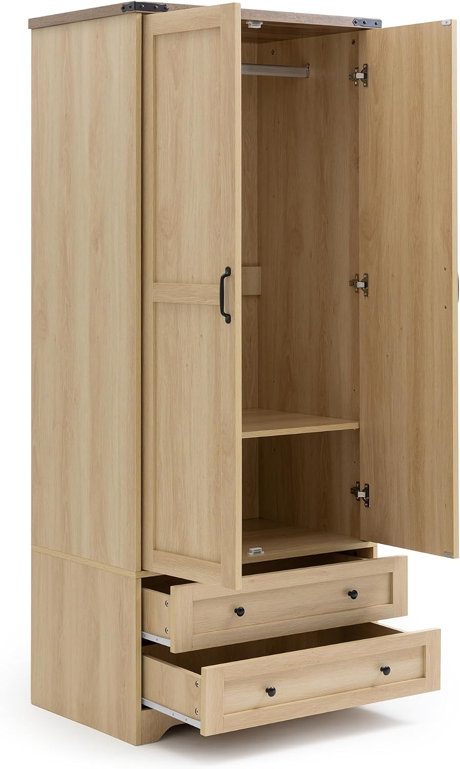 Brafab Wooden Armoire Wardrobe Closet with Drawers, Natural, Set of 2