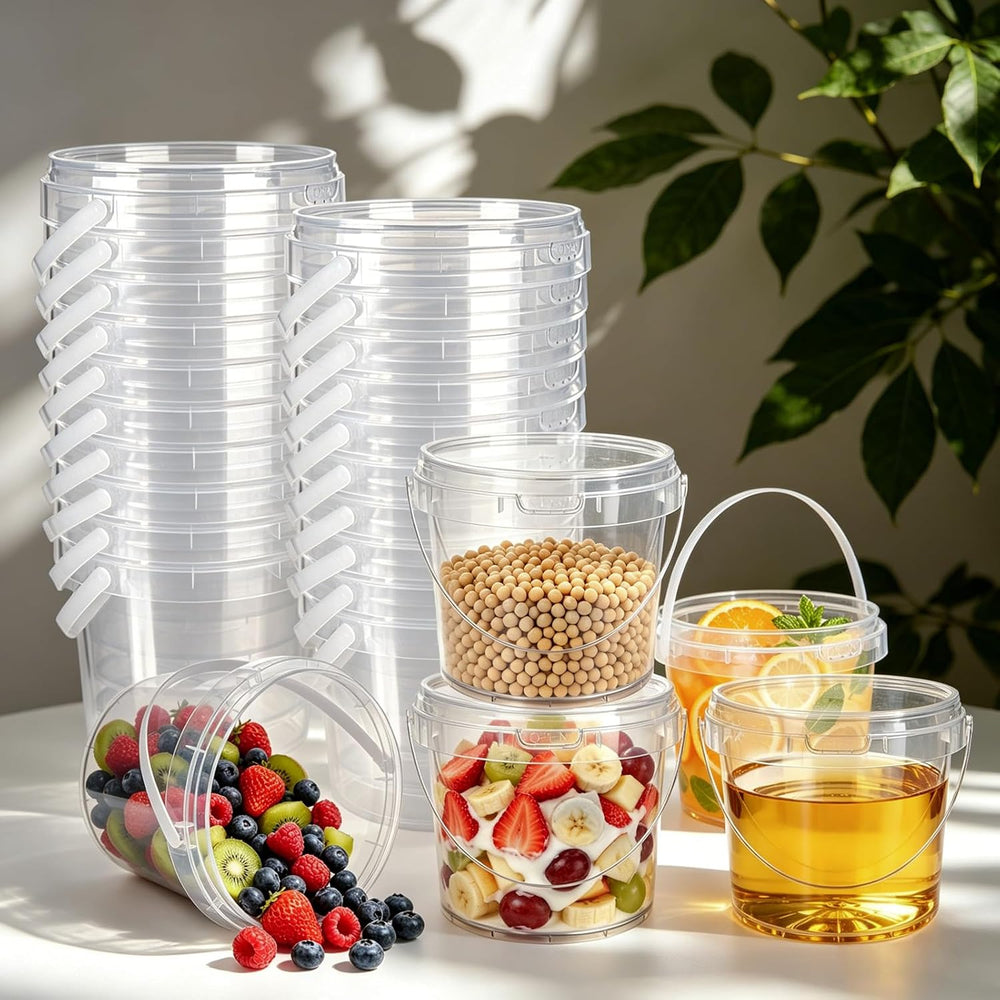 20 Pack 50 oz Clear Buckets with Lids and Handle Food Frade Plastic Bucket