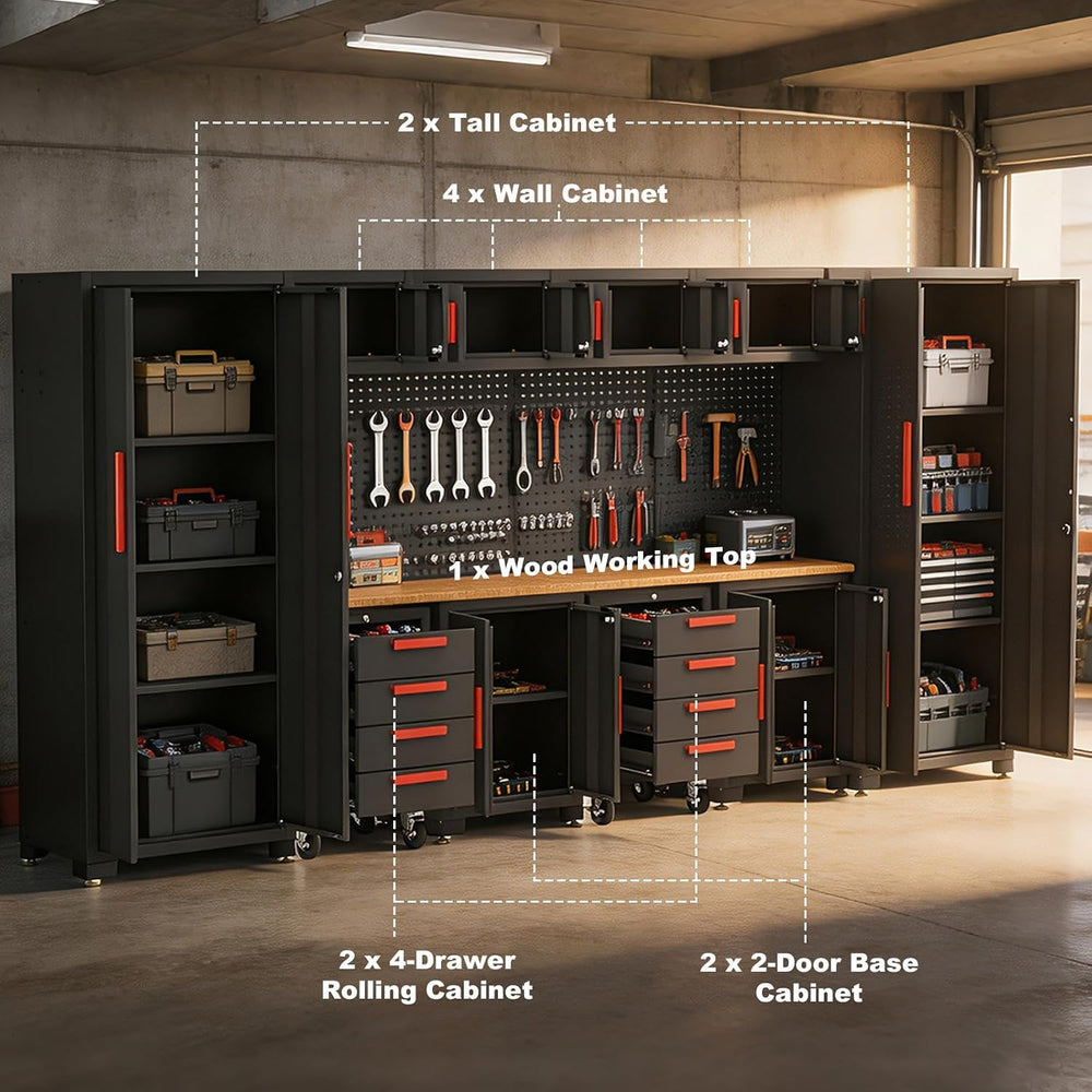 BIG RED Garage Storage Cabinets System, 12Pcs Workshop Cabinet Set in Black