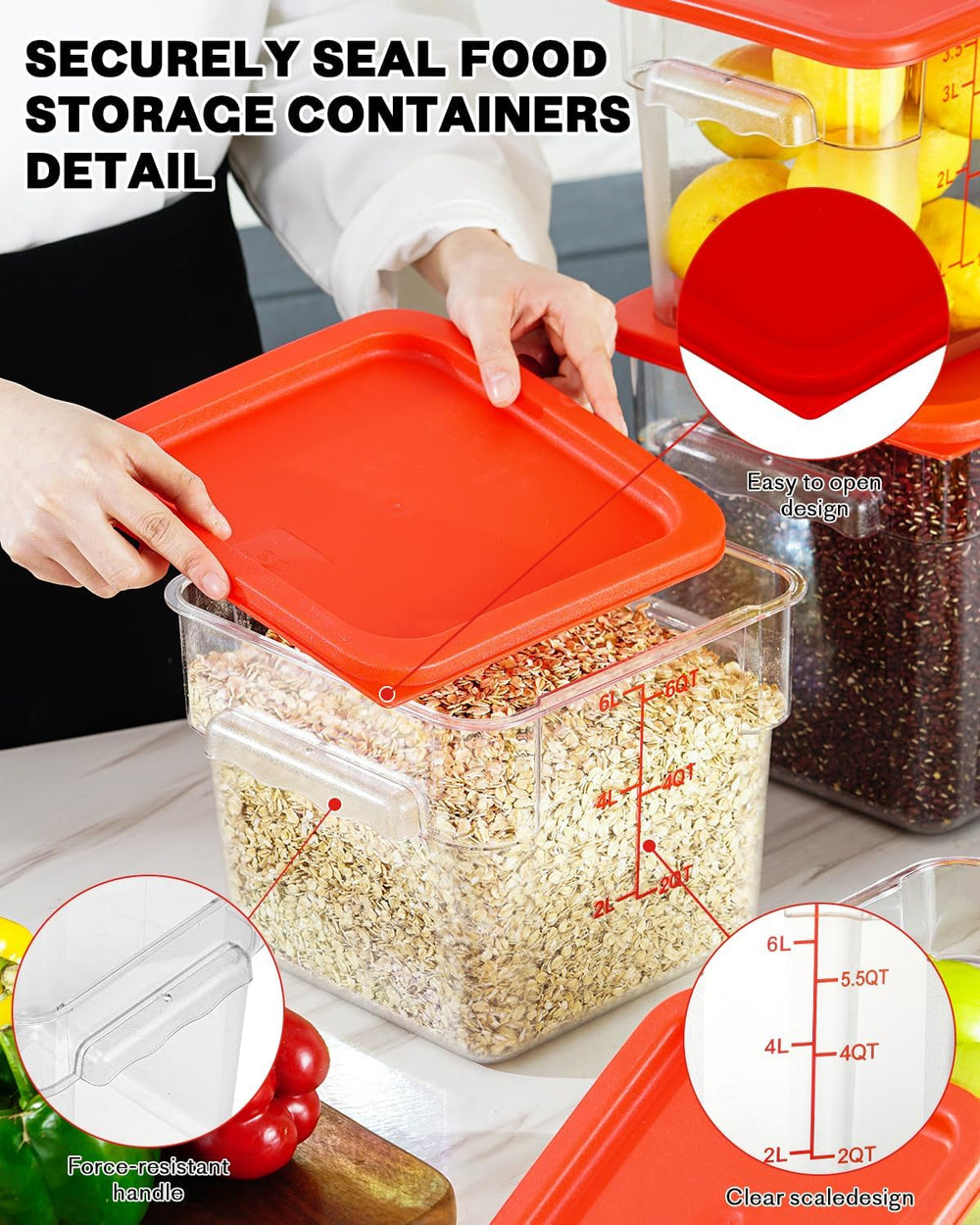 4QT 4PCS NSF Commercial Clear Food Storage Containers with Lids(RED)