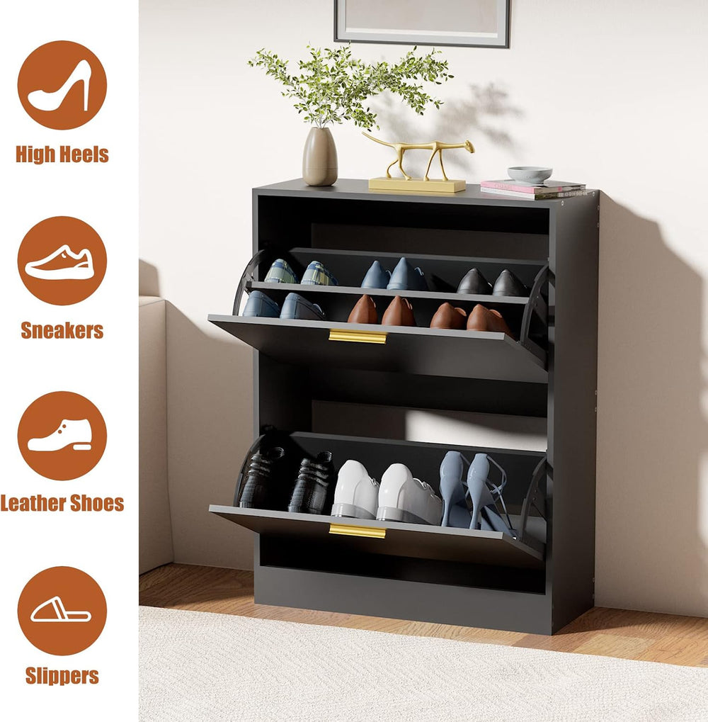 JOZZBY Shoe Cabinet Storage Set of 2 with 2 Flip Drawers, Black丨Slim Freestan...