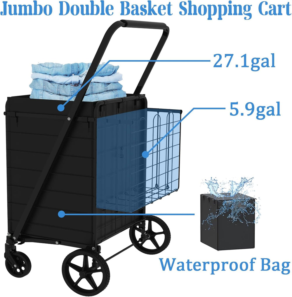 Heavy Duty Folding Shopping Cart for Groceries, Jumbo Grocery Carts with 360°...