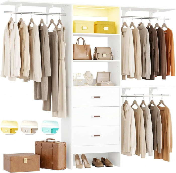 iSunirm 96" Wall Mounted Closet System with LED, Walk-In Style Wood Closet Organizer Cut to Fit 4-8FT with 3 Drawers & Top Shelf, 3 Hanging Rods, Heavy Duty 1000 LBS Storage for Bedroom, White