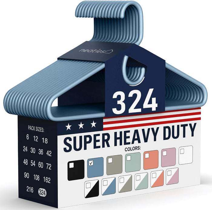 Super Heavy Duty Clothes Hangers 100+ Pack (324 Count) – Made in the USA - 10lb Capacity, Thick Plastic Hangers for Pants, Coats, Jackets, Jeans and Adult Clothing – Blue