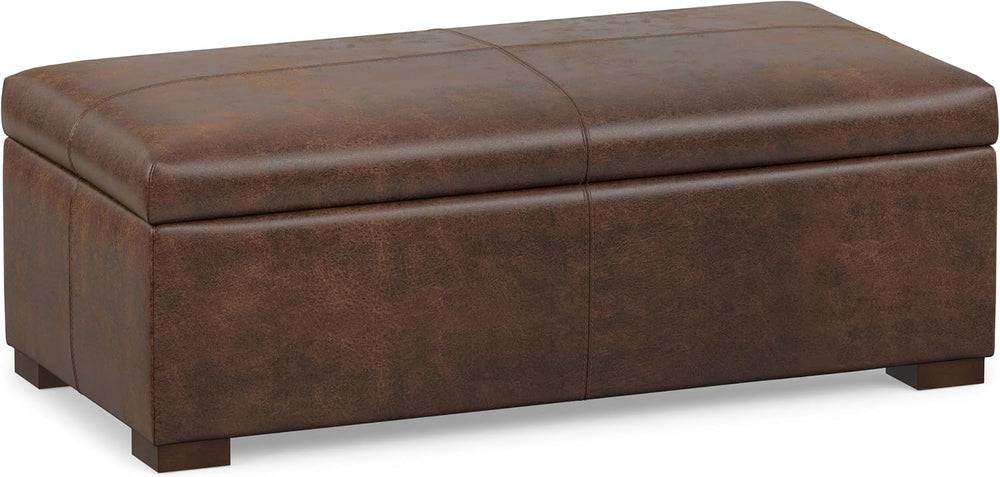 SIMPLIHOME Gabbie 48" Wide Vegan Leather Storage Ottoman in Chestnut Brown