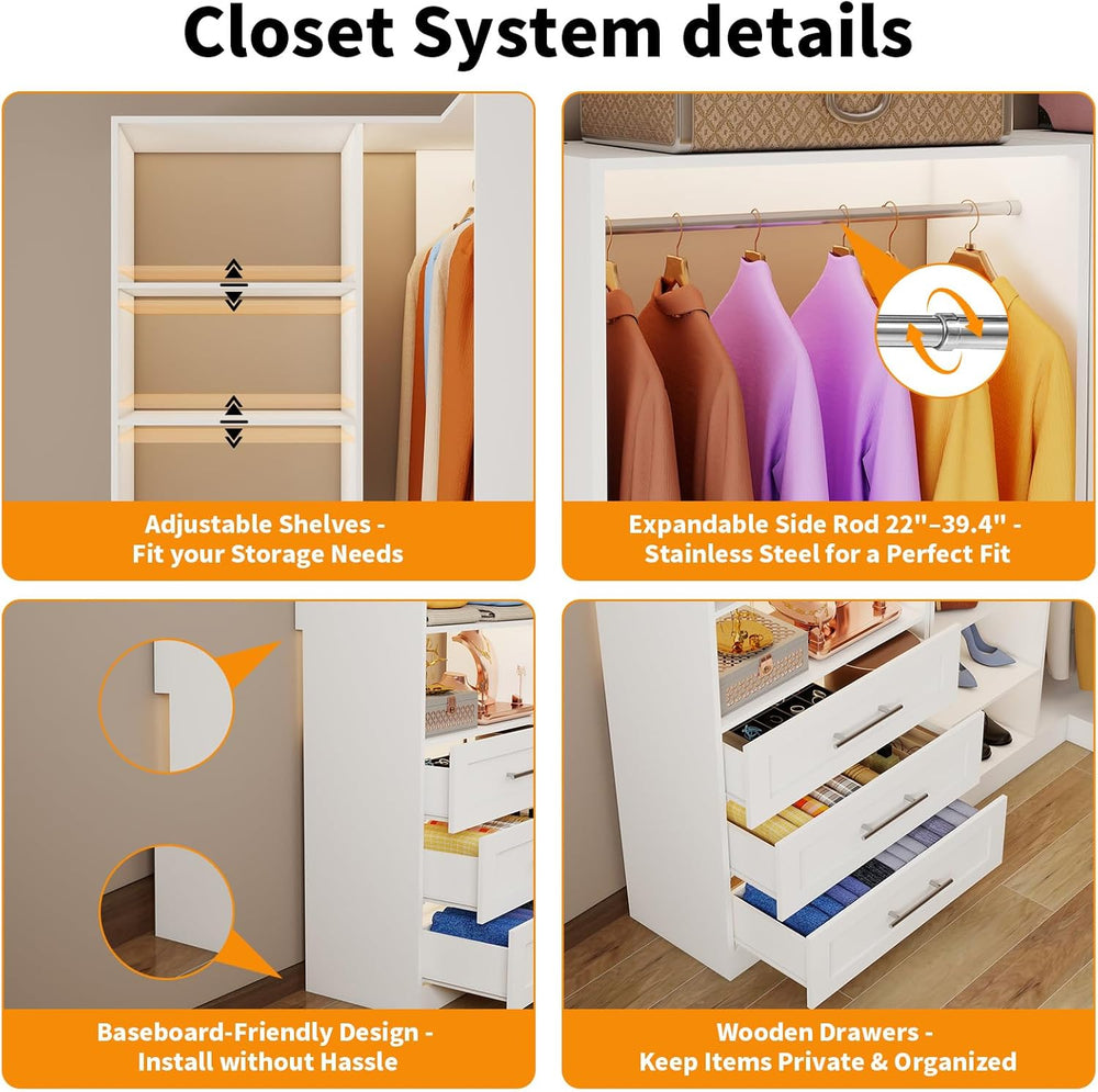 Closet System with 3 Drawers, Corner Closet Organizer Systems with 7 Shelves ...