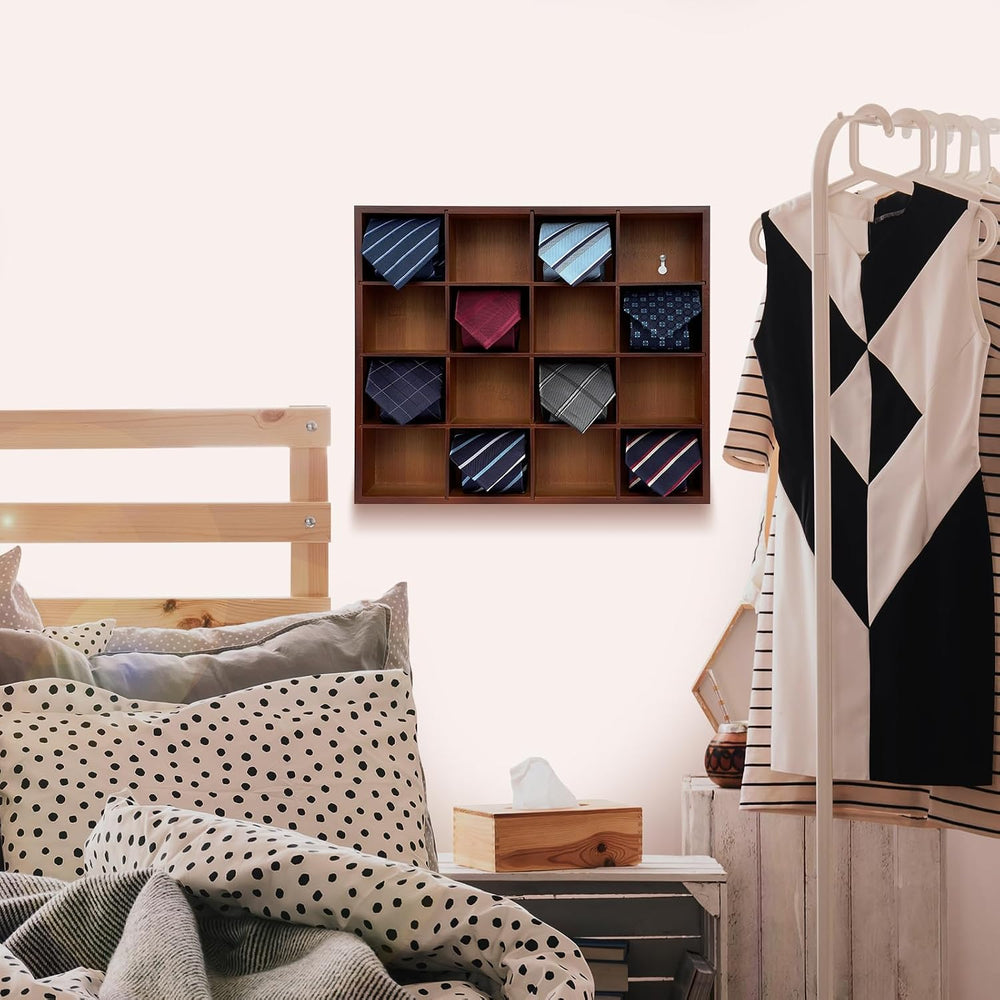 Wall Mounted Tie Rack - 16 Compartment Tie Organizer with Display Racks for B...