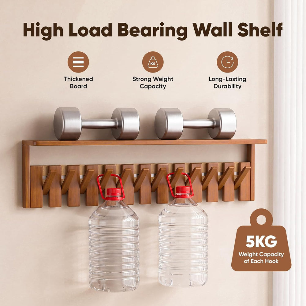 Wall Mounted Coat Rack with Shelf, 12 Flip-Down Hooks, Walnut