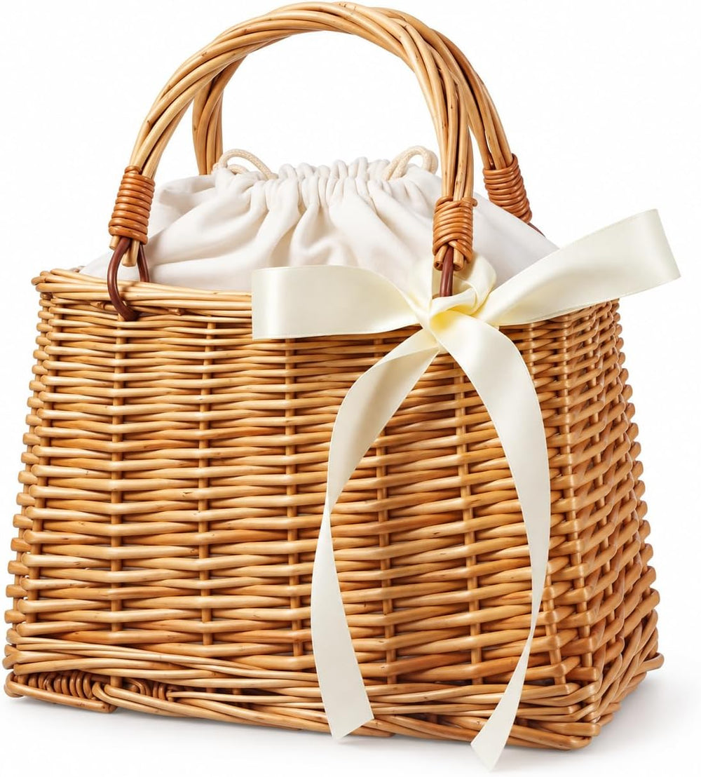 Cabilock Flower Girl Basket, Woven Rattan Wedding Petal Basket with Bow