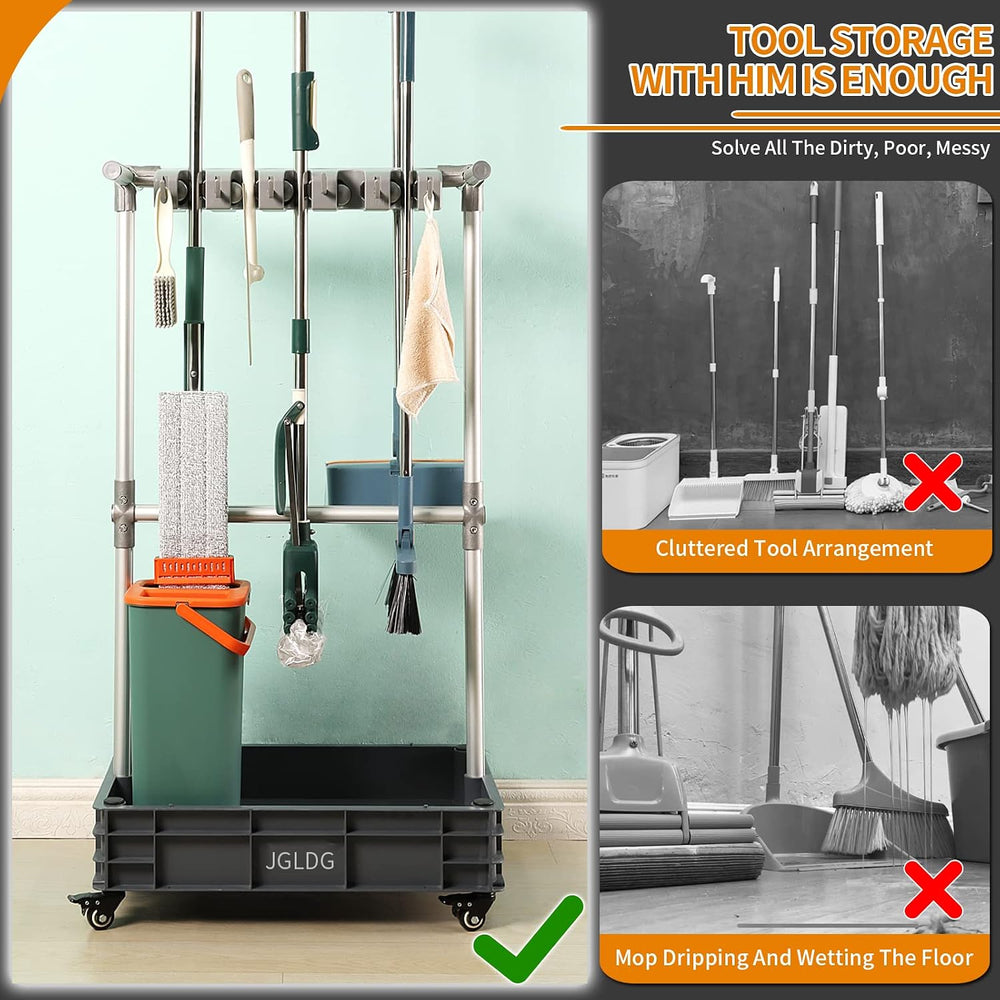 Broom mop Holder Cleaning Supplies Organizer Janitor carts on Wheels Housekee...