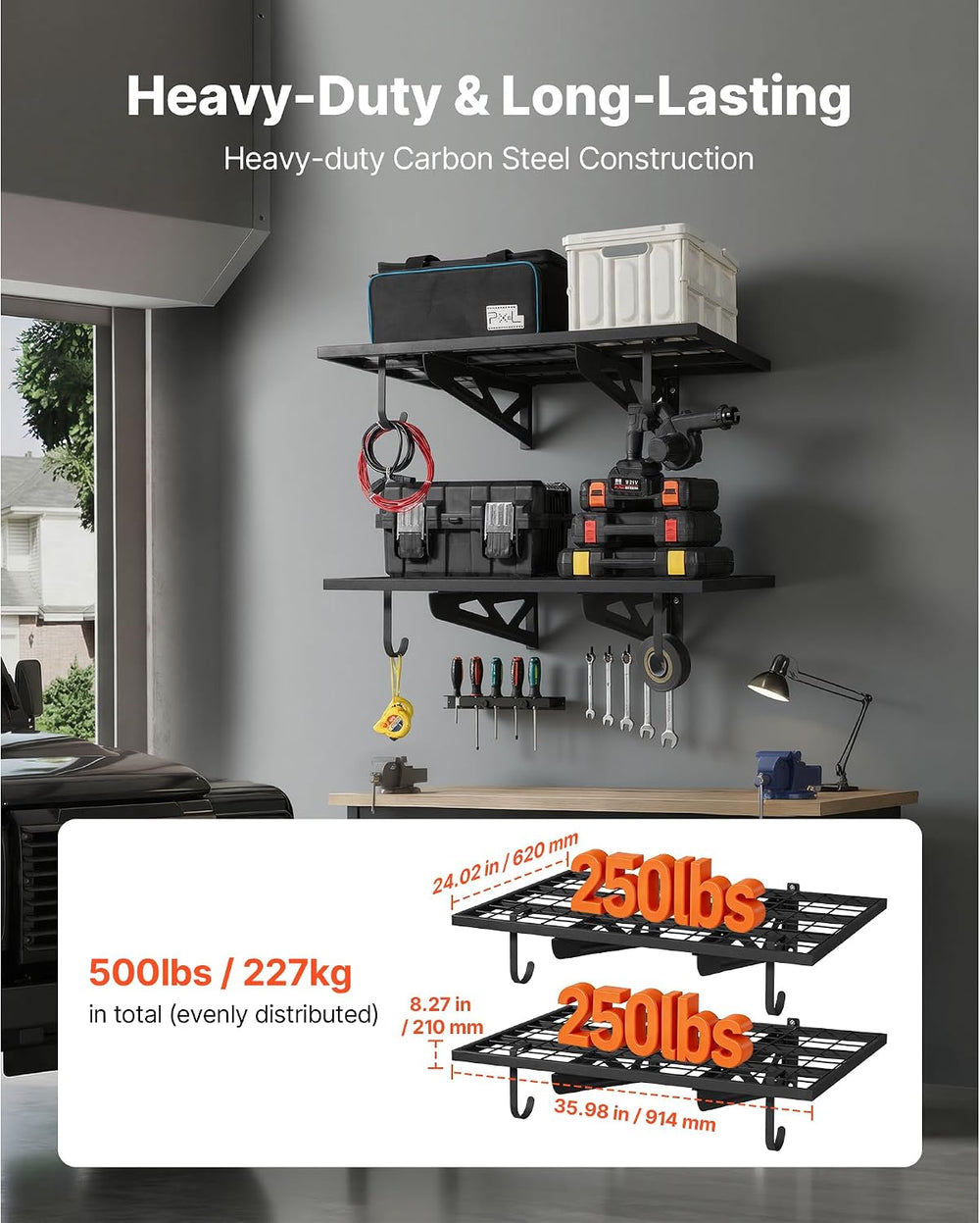 VEVOR 2-Pack Heavy Duty Garage Wall Shelving, 2 x 3 ft Steel Wall Mounted She...