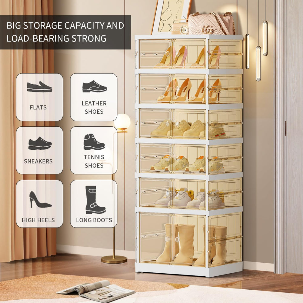 EHAMILY 6-Tier Foldable Shoe Rack Organizer with Doors, 12 Pairs, White