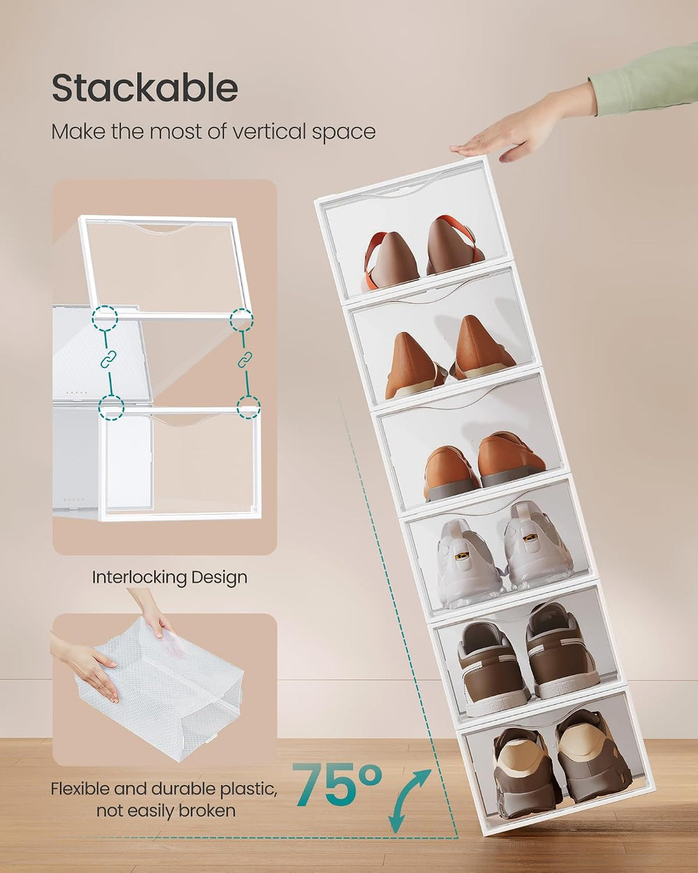 SONGMICS Shoe Boxes, Stackable Sneaker Containers for Closet, 18 Pack