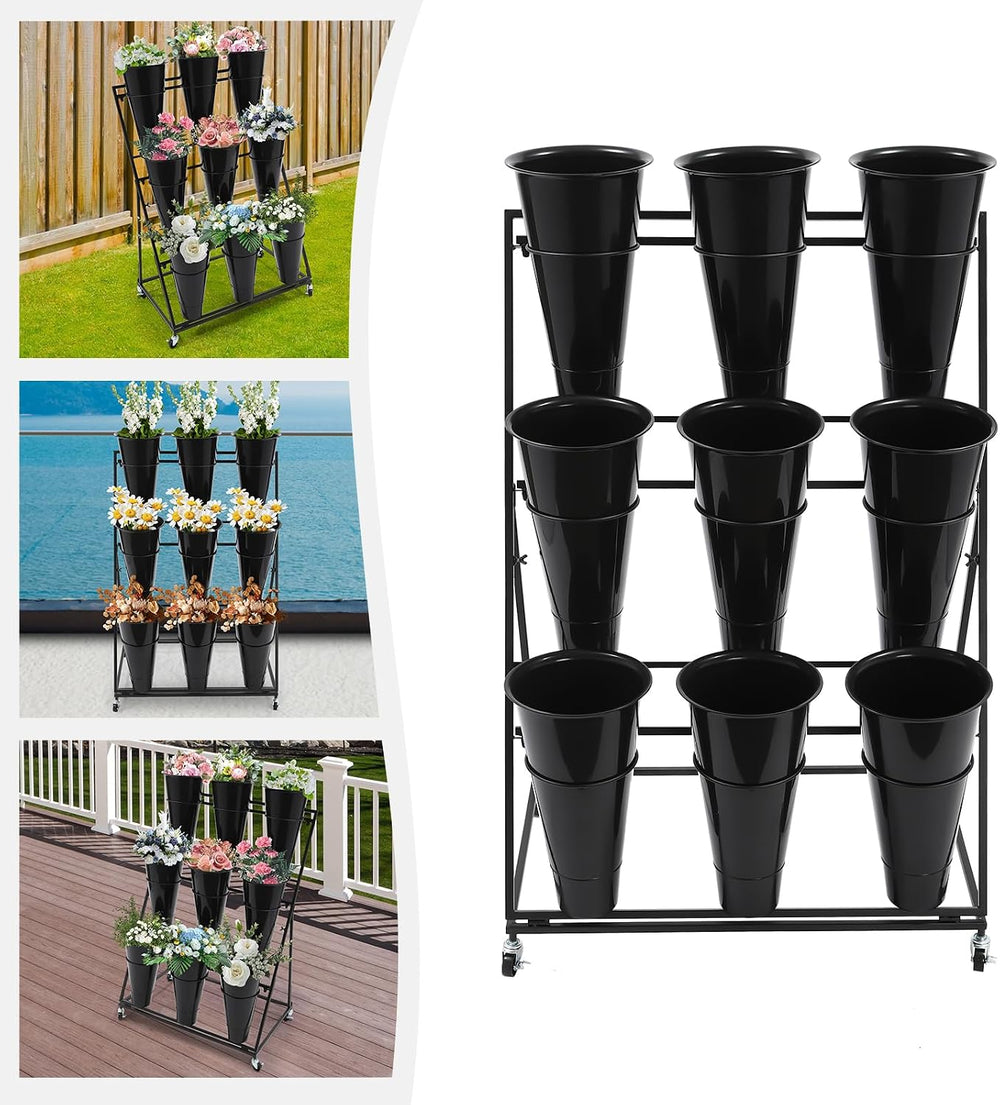 Flower Display Stand With Buckets, Flower Stand Heavy Duty Moving Flower Rack...