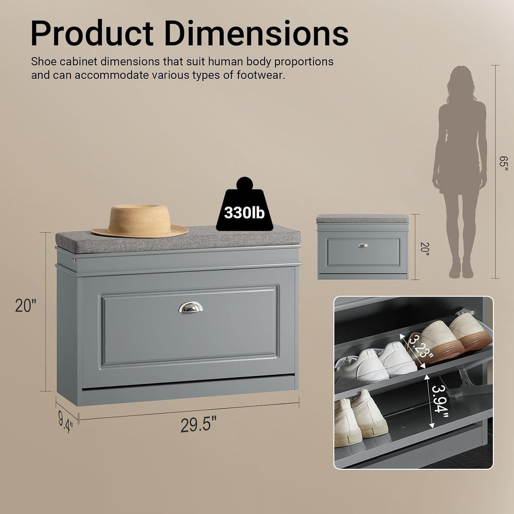 Haotian Shoe Storage Bench with Cushion, Grey Narrow Shoe Rack for Entryway, ...