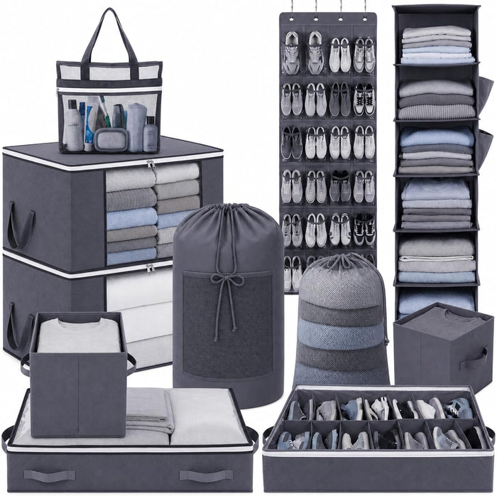 Briwooody 11 Pcs College Dorm Storage Set, Dorm Organizer Kit with Closet Organizer, Over Door Shoe Rack, Under Bed Storage Bags, Laundry Backpack, Shower Caddy, Collapsible Bins(Gray)
