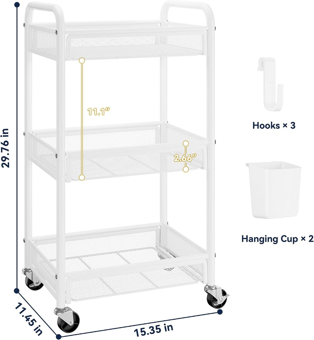 YASONIC 3 Tier Metal Rolling Cart, White Utility Storage Cart with Wheels