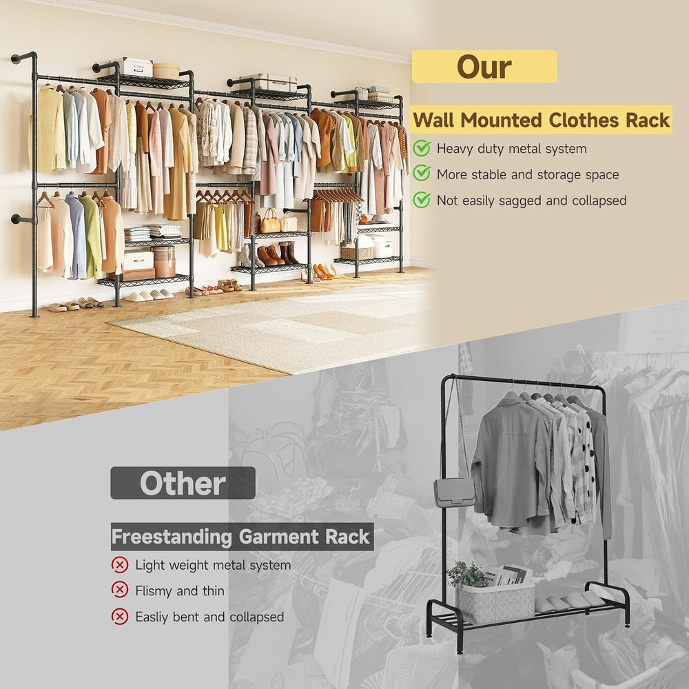 ONBRILL H6 Wall Mounted Closet System, Industrial Pipe Clothes Rack, Black