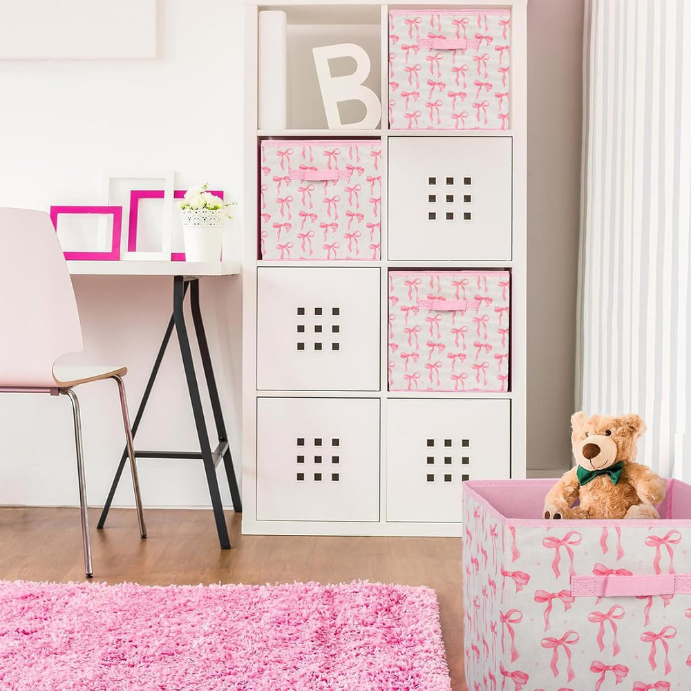 6 Pcs Pink Bow Cube Storage Bins 12.5 Inch Pink Storage Basket with Handle, P...