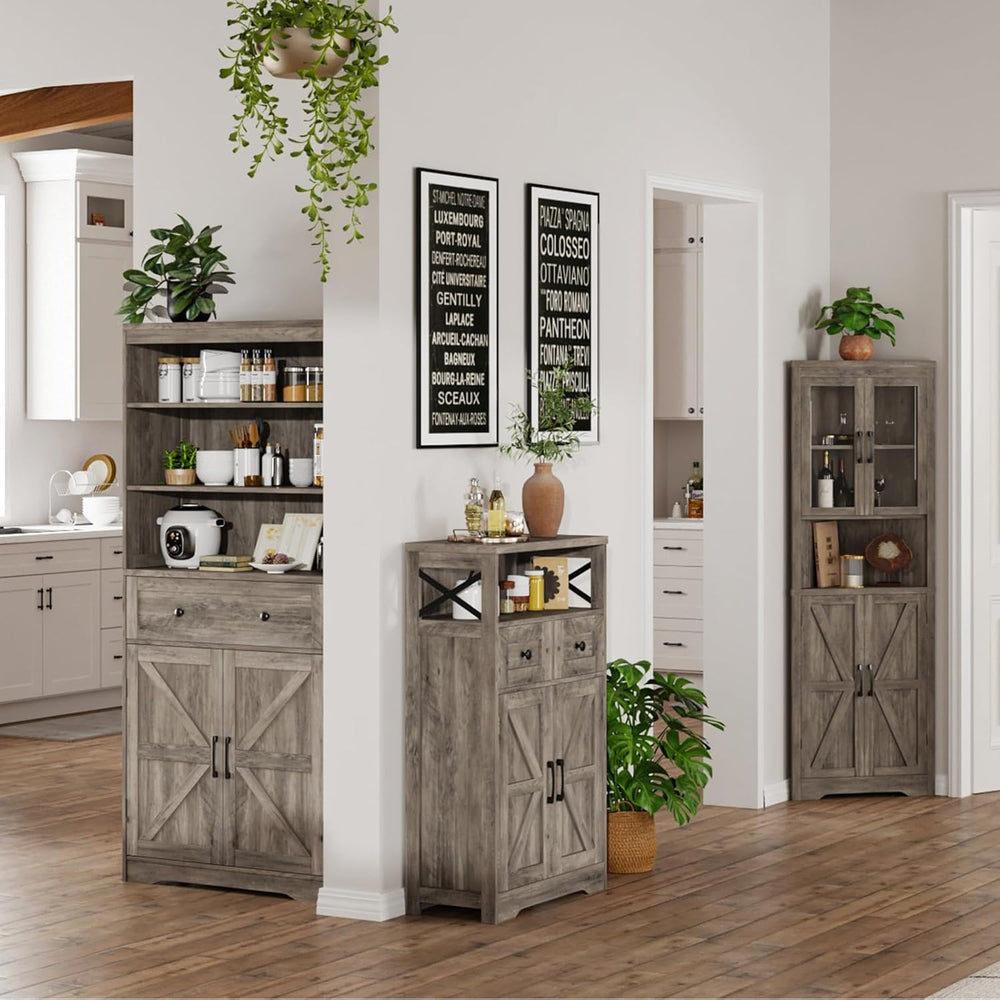 Grey Farmhouse Storage Cabinet with Doors and Drawers, Small Pantry Cabinet