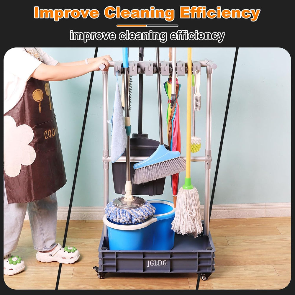 Mobile Mop and Broom Holder，Efficient Storage Solution for Cleaning Tools Kee...