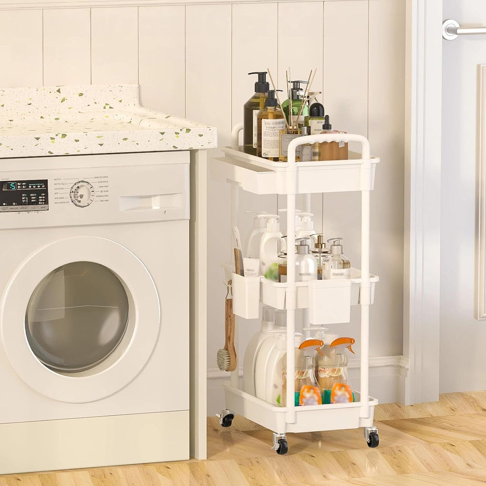 3 Tier Rolling Utility Cart with Drawer, Plastic Storage Organizer Rolling Ca...