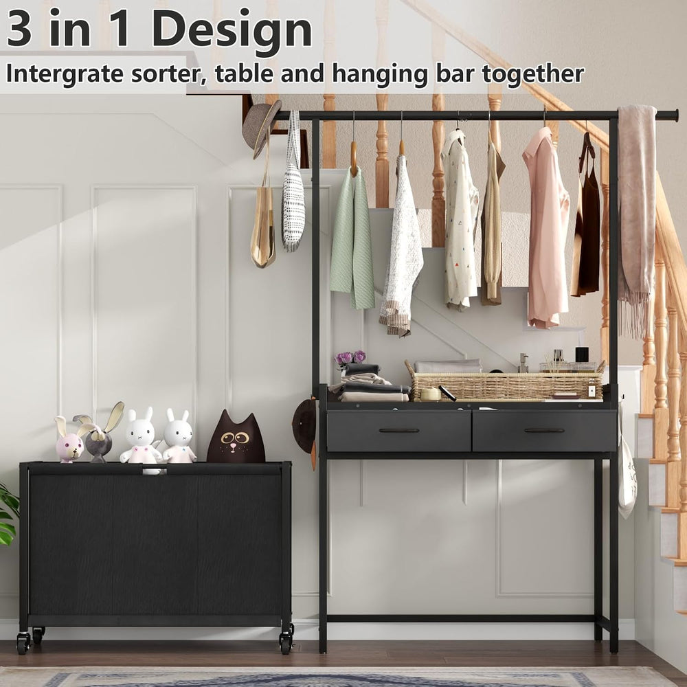 STIKELY Laundry Sorter Hamper with Hanging Cloth Rack, Laundry Basket with 3 ...
