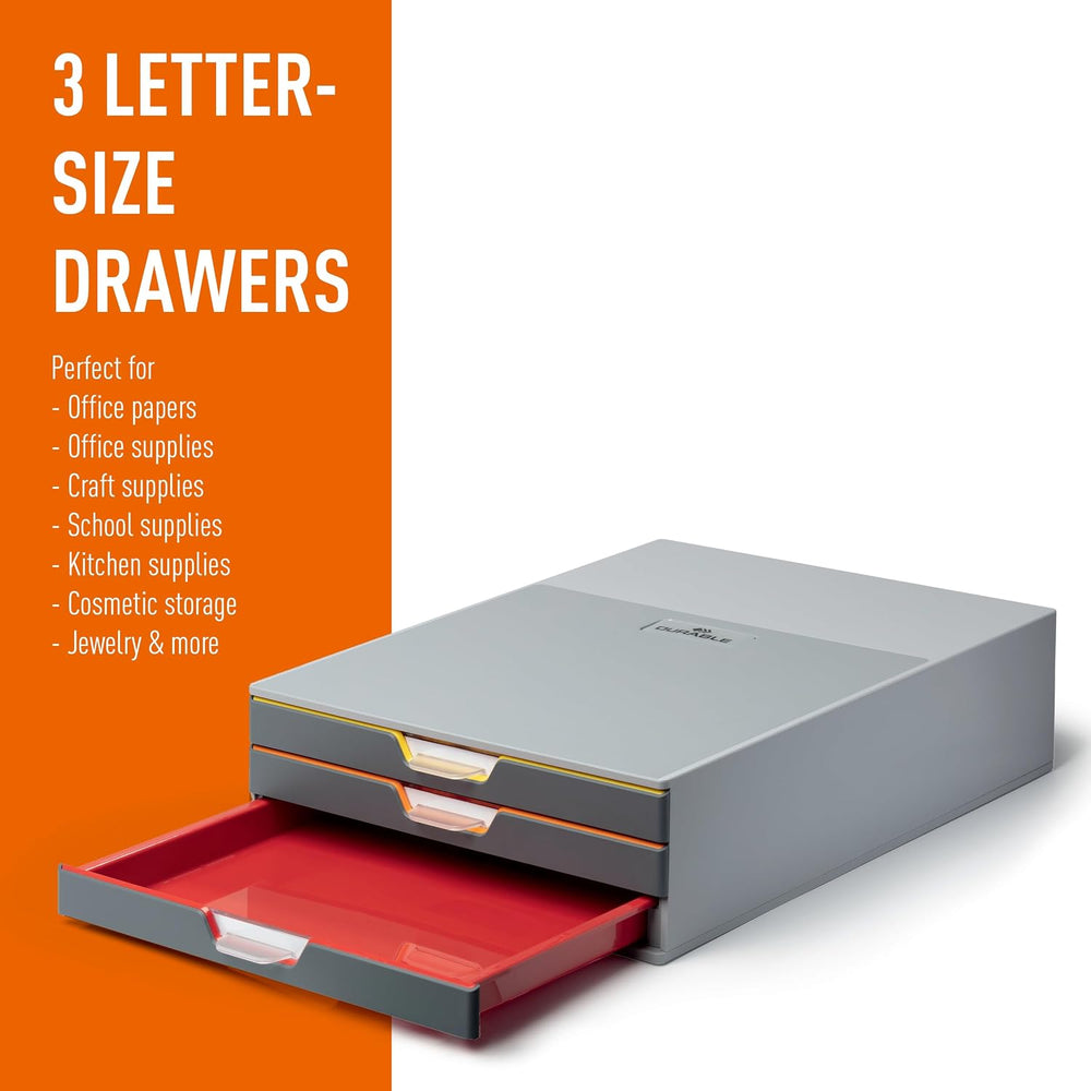 Durable Varicolor Drawer Organizer, 3 Color Coded Drawers, Gray