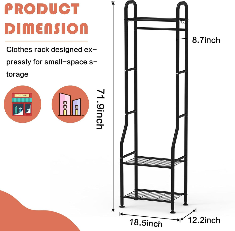 GloTika Narrow Clothes Rack with 3 Metal Shelves, 72" Tall, Black