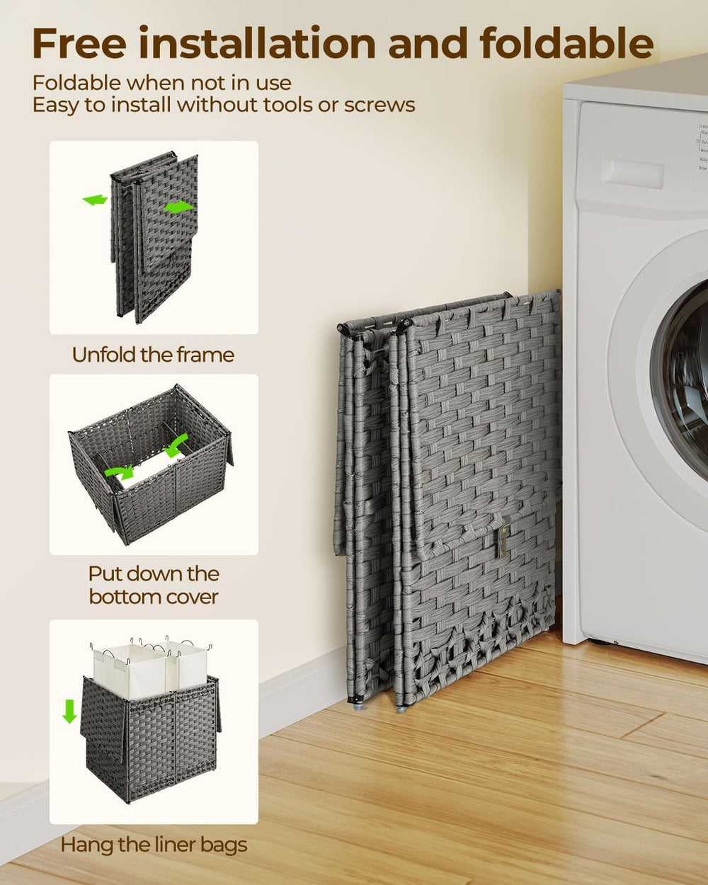 Greenstell Laundry Hamper with Lid and 2 & 1 Removable Liner Bags, No Ins...
