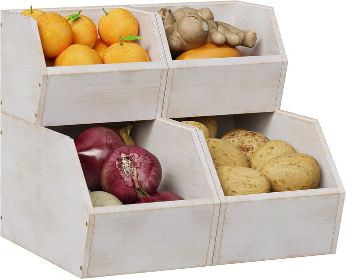 Trironsun 2 Set Bamboo Pantry Storage Bins Wood Stackable Baskets Potato and Onion Storage Bins Fruits Vegetable Bread Organization for Kitchen Counter