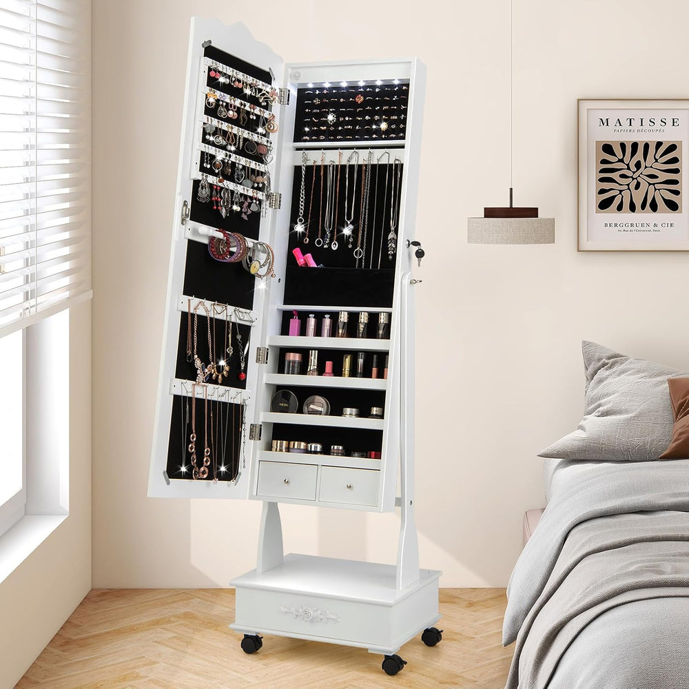 HAPPYGRILL Full Length Jewelry Armoire, Lockable Jewelry Organizer with Wheel...