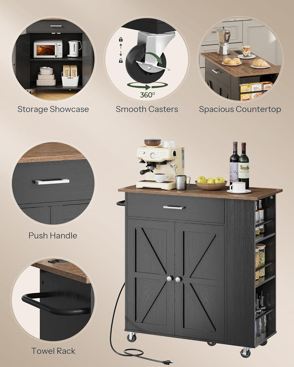 CHOEZON Kitchen Island Cart with Storage, Bar Cart with Charging Station, Kit...