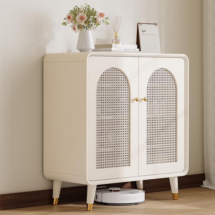 Luxury Closet Freestanding Shoe Cabinet, 4 Tier Wooden Shoes Storage Organizer with Adjustable Shelves, Entryway Cabinet with Rattan Doors, Matte Paint Finish Cream White