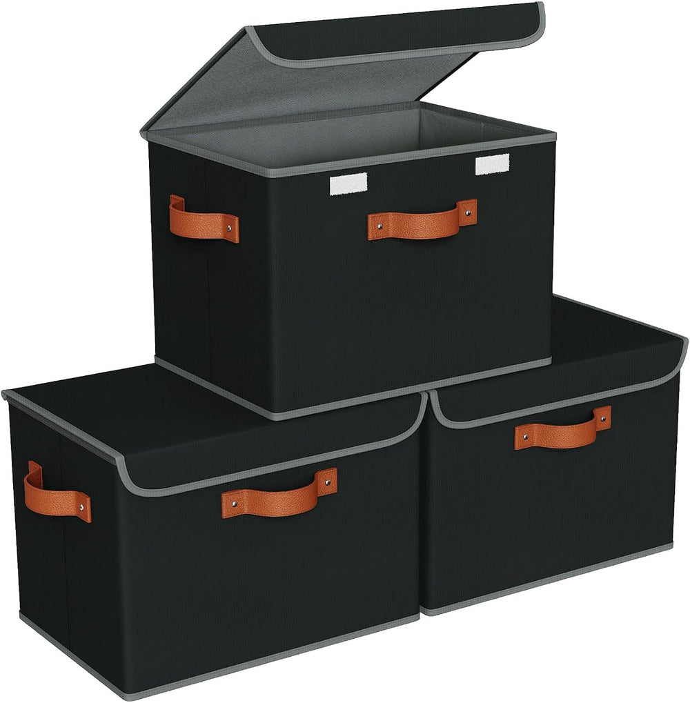 Univivi Fabric Storage Cubes with Lids, Stackable Storage Box, Black, 3 PCS
