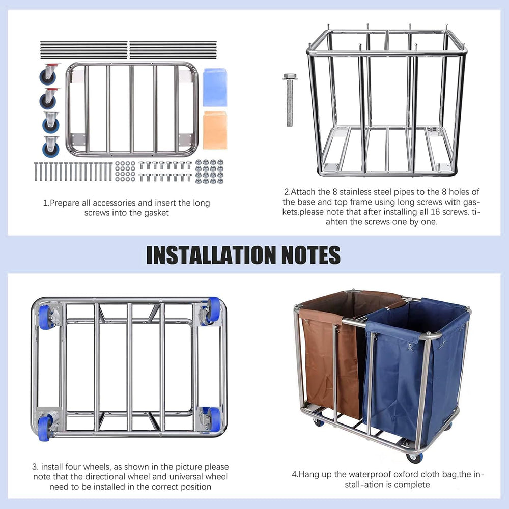 Commercial Laundry Cart with Wheels, 400L 2-Section Industrial Rolling Laundr...