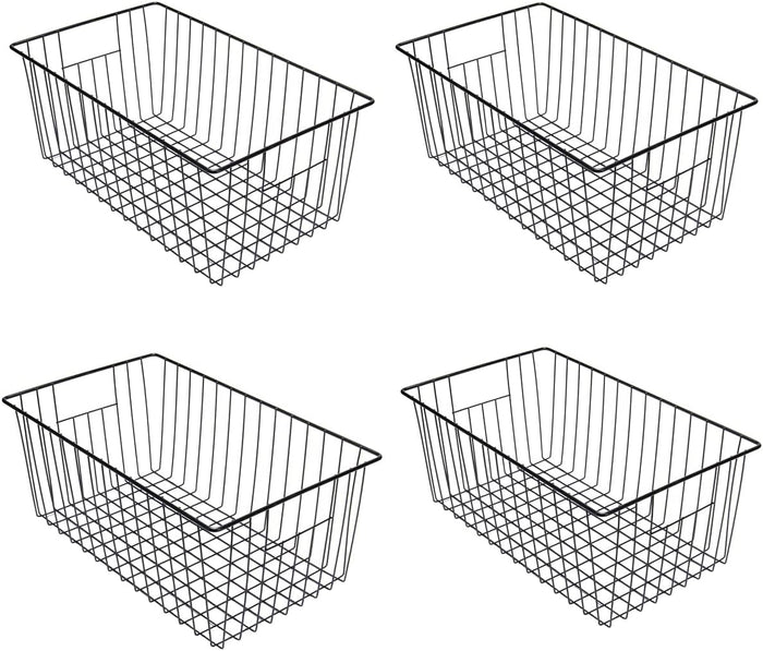 16inch Freezer Wire Storage Organizer Baskets, Refrigerator Metal Bins with Handles for Kitchen, Pantry, Cabinet, Closets - Set of 4 (Black 4)