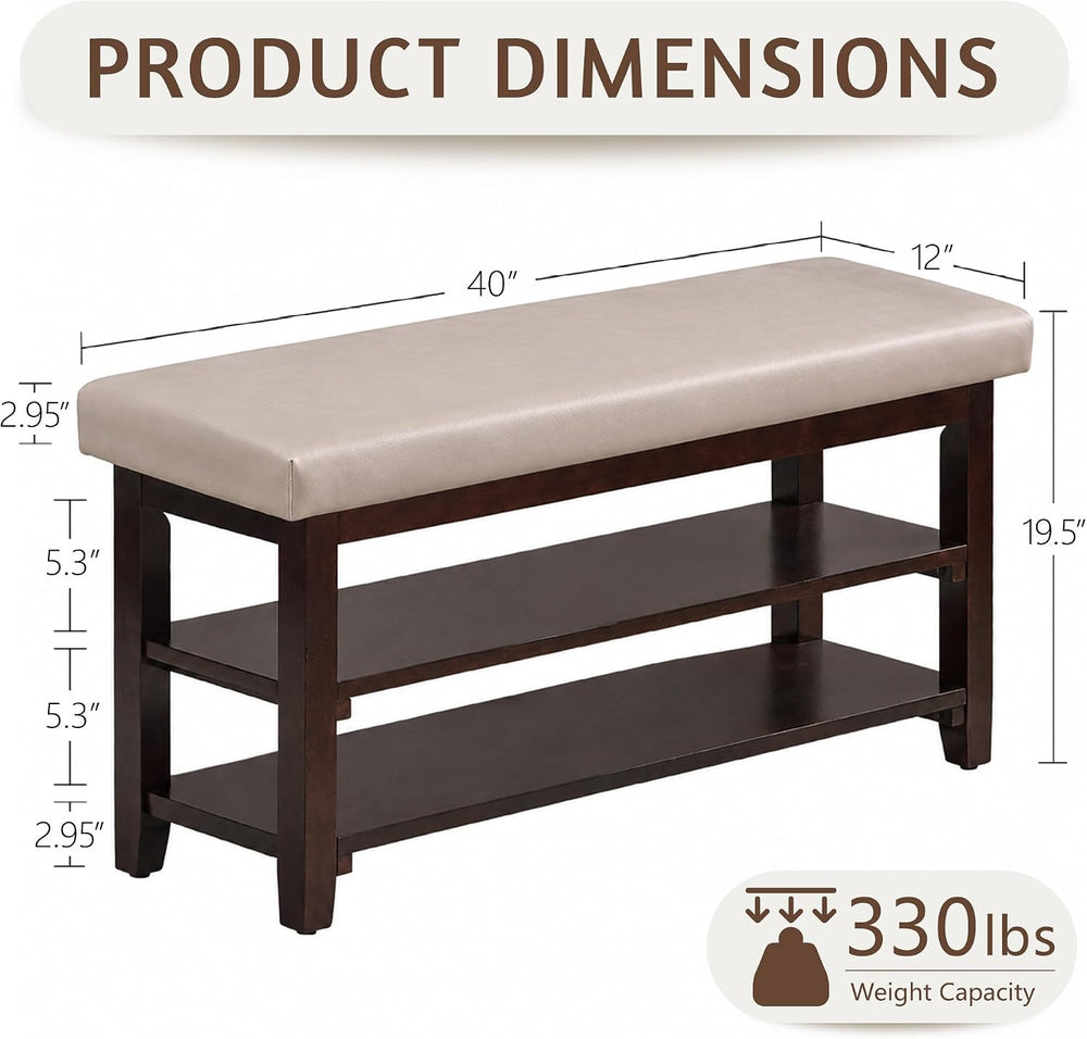 40" Solid Wood Shoe Storage Bench, 2 Tier Shoe Rack for Entryway, Grey