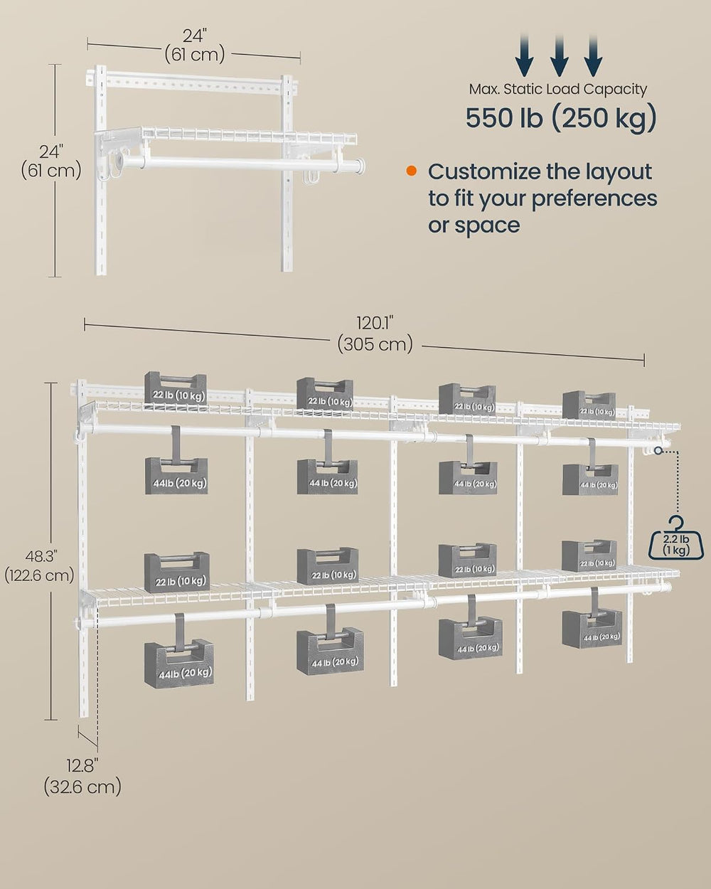 SONGMICS HOME Closet System, Closet Insert Organizer, 6-8 ft Closet Shelves