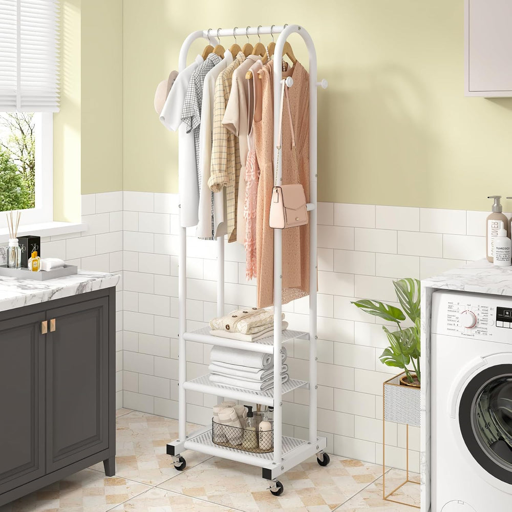 Kaitiemoo Clothing Rack, Mobile Garment Rack with Wheels & 3 Shelves, White