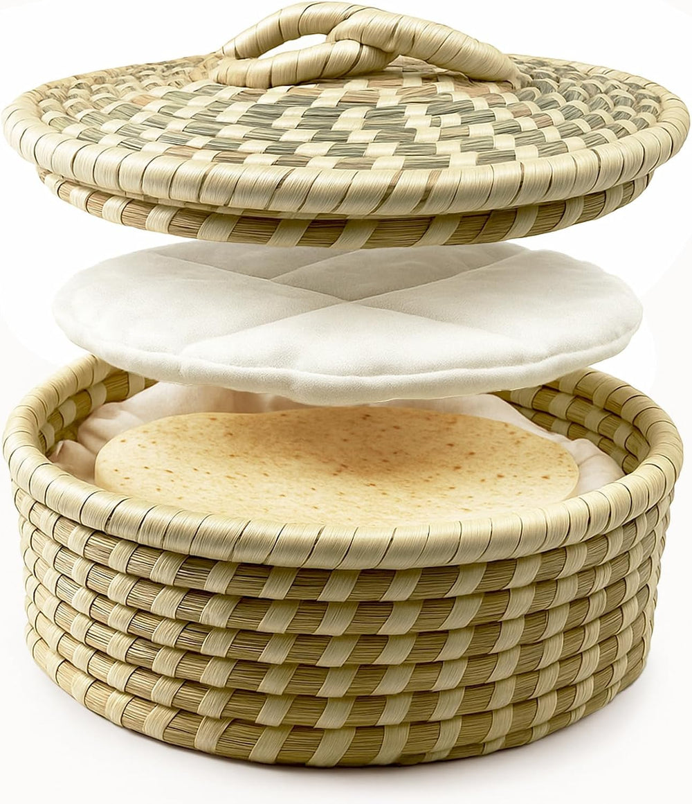 Handwoven Seagrass Tortilla Warmer Basket with Lid, 9.6" Breathable Natu...