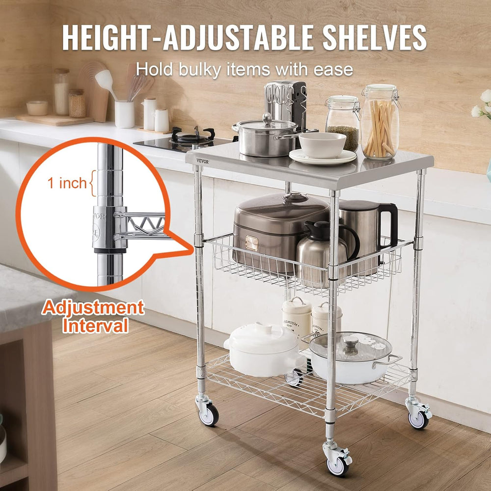 VEVOR Kitchen Utility Cart, 36.6"x20"x24" 3 Tiers Wire Rolling...