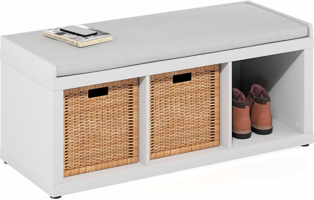 Furinno Cubicle Storage Bench, Shoe Bench with Padded Seat Cushion, 3-Cube Op...