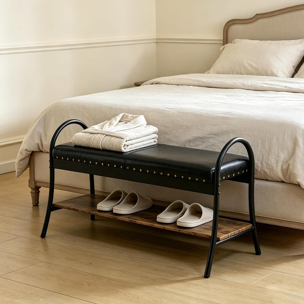 Forteek 39.4" Shoe Bench with Shelf, Industrial Faux Leather Entryway Bench