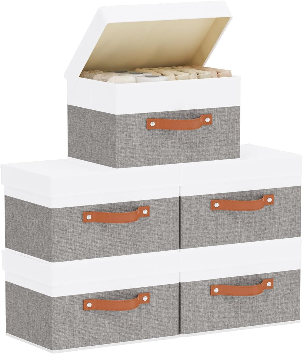 Storage Bins with Lids,White/Grey Baskets,5Pack,13x9.1x7.9In