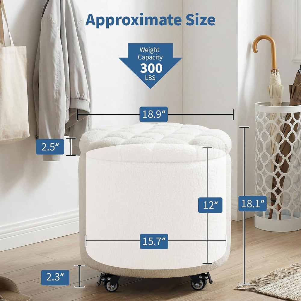 Furniliving Modern Round Storage Ottoman with Wheels,Button Tufted Ottoman Fo...