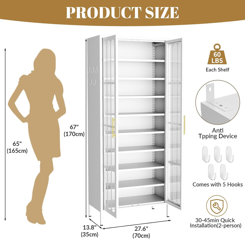 9-Tier Tall Metal Shoe Cabinet with Doors & Hooks, 67" Large Shoe St...