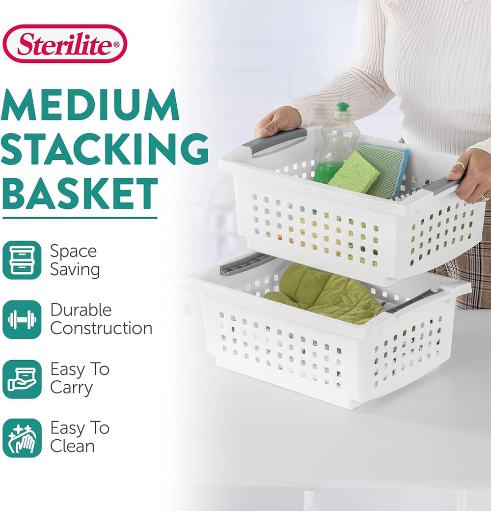 Sterilite 16 Pack Medium Stacking Basket, Open Top Storage Bin with Handles, ...
