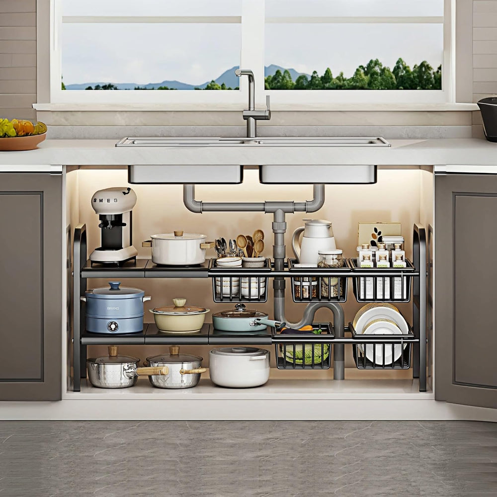 Under Sink Organizer，2 Tier Expandable Heavy Duty Metal Shelf，with 5 Removabl...