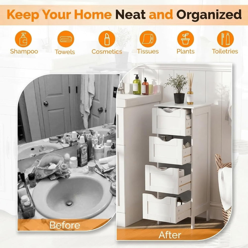 VINGLI White Bathroom Storage Cabinet with 4 Drawers Wooden Freestanding Slim...
